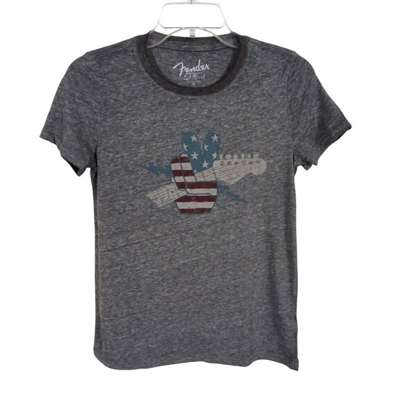 Lucky Brand Womens Tshirt XS Tee Fender Guitar Graphic Heather Gray Knit Stars - Picture 1 of 5